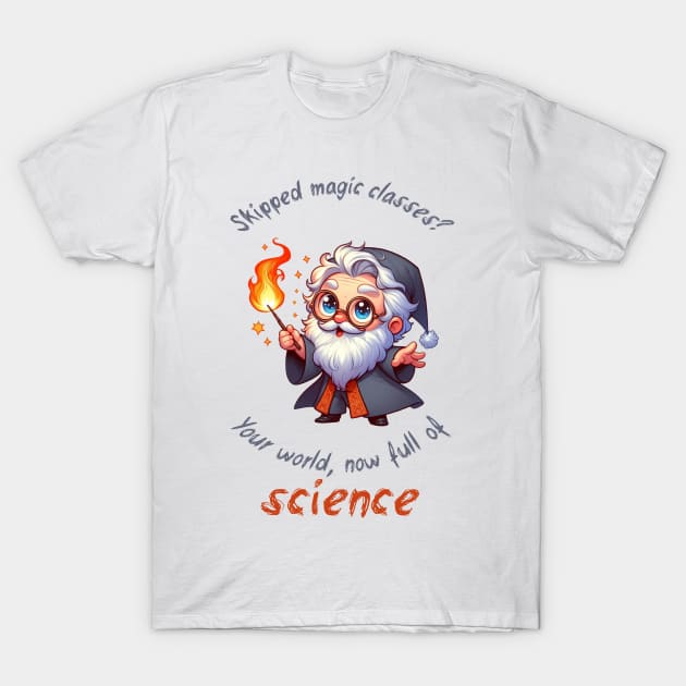 Cute Wizard Magic vs Science T-Shirt by Dmytro